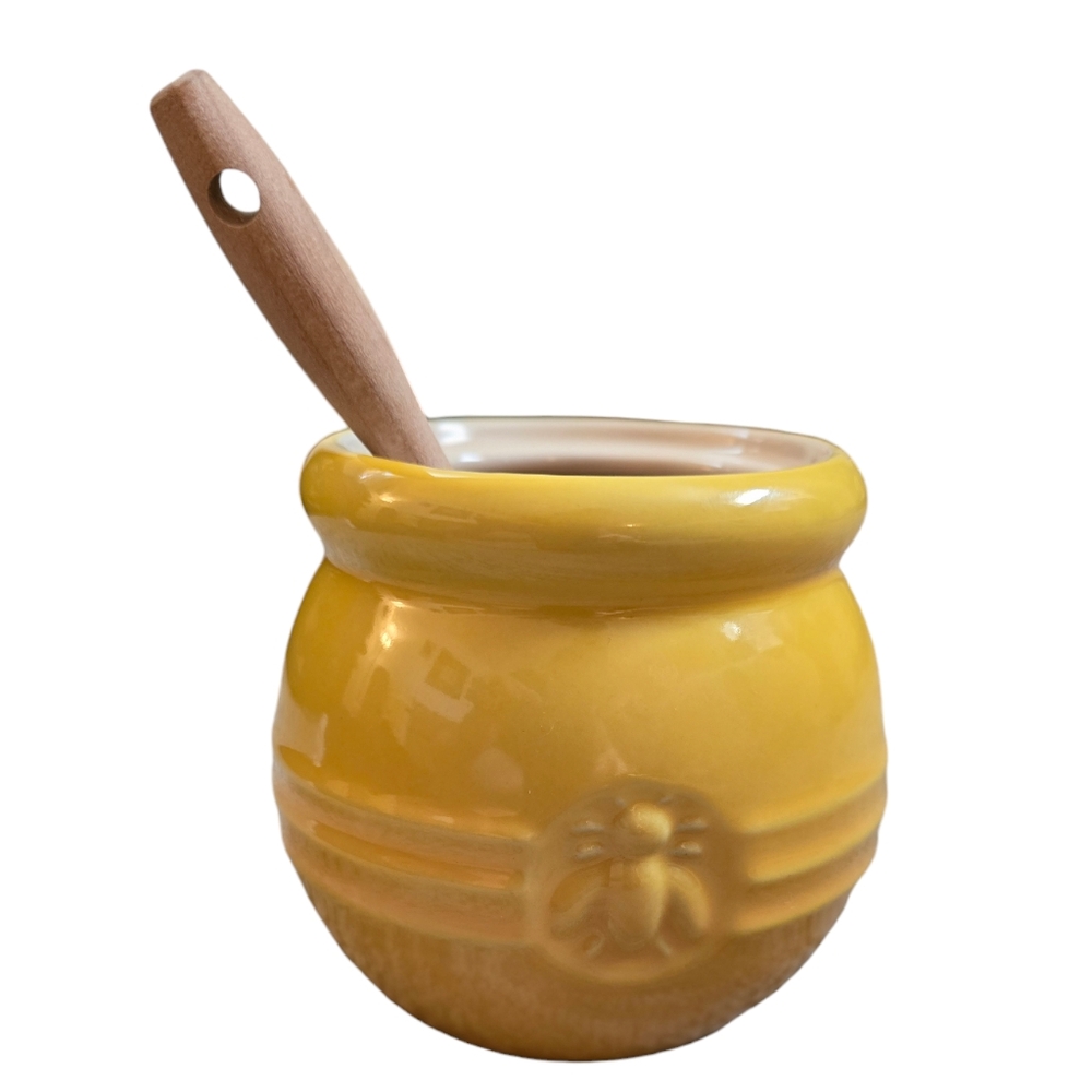 Discontinued Le Creuset Yellow Ceramic Honey Pot with Wooden Dipper